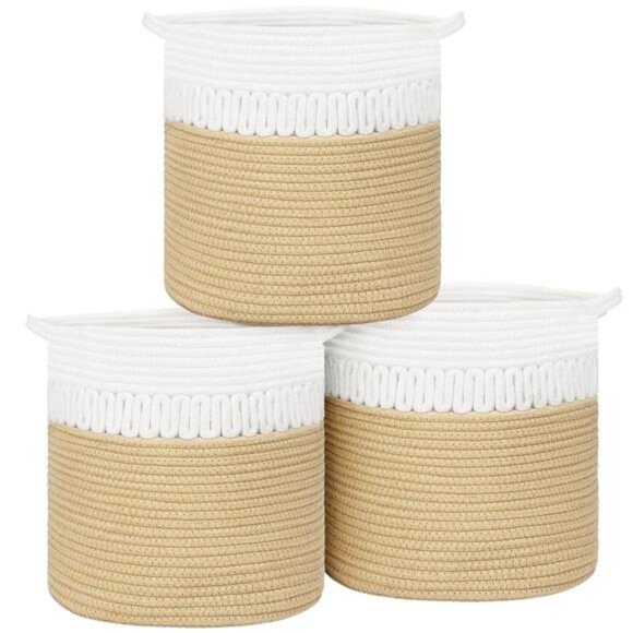 Set of 3 Woven Storage Cubes Cotton Bins Organizer Baskets Camel 11.8